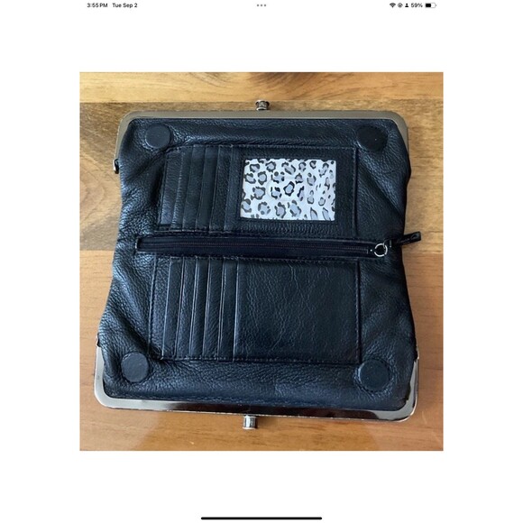 Kenneth Cole NY Black Leather Double Kiss Lock Magnetic Frame Bifold Wallet - Picture 2 of 11